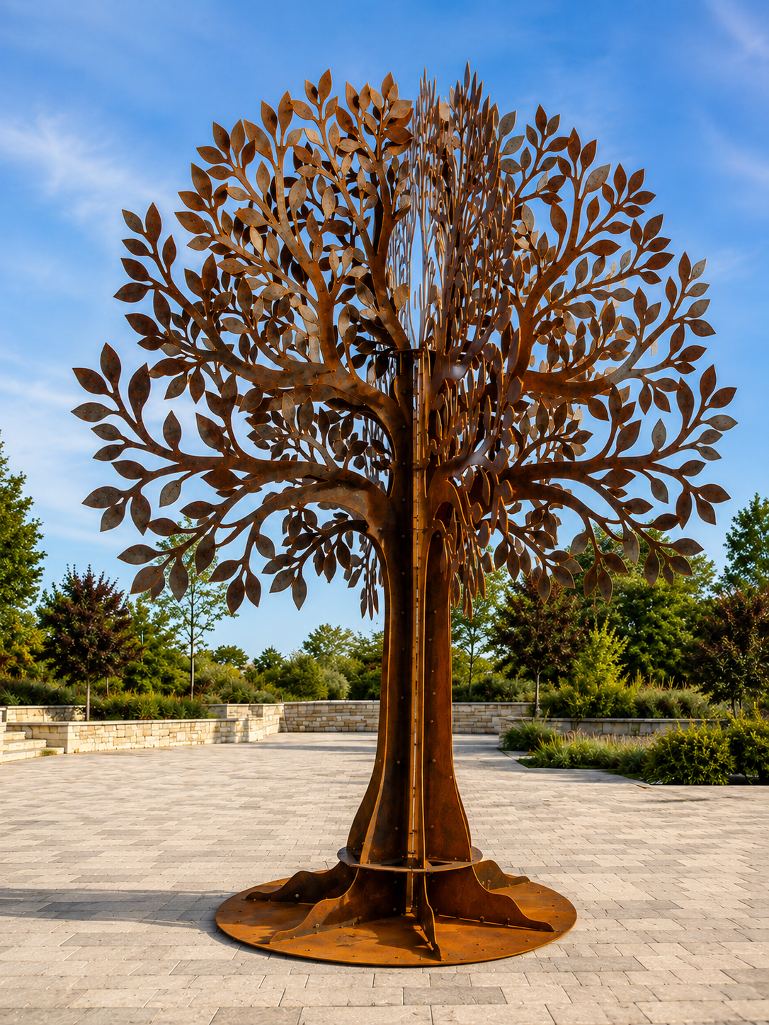 Vista completa dell'albero in acciaio Corten